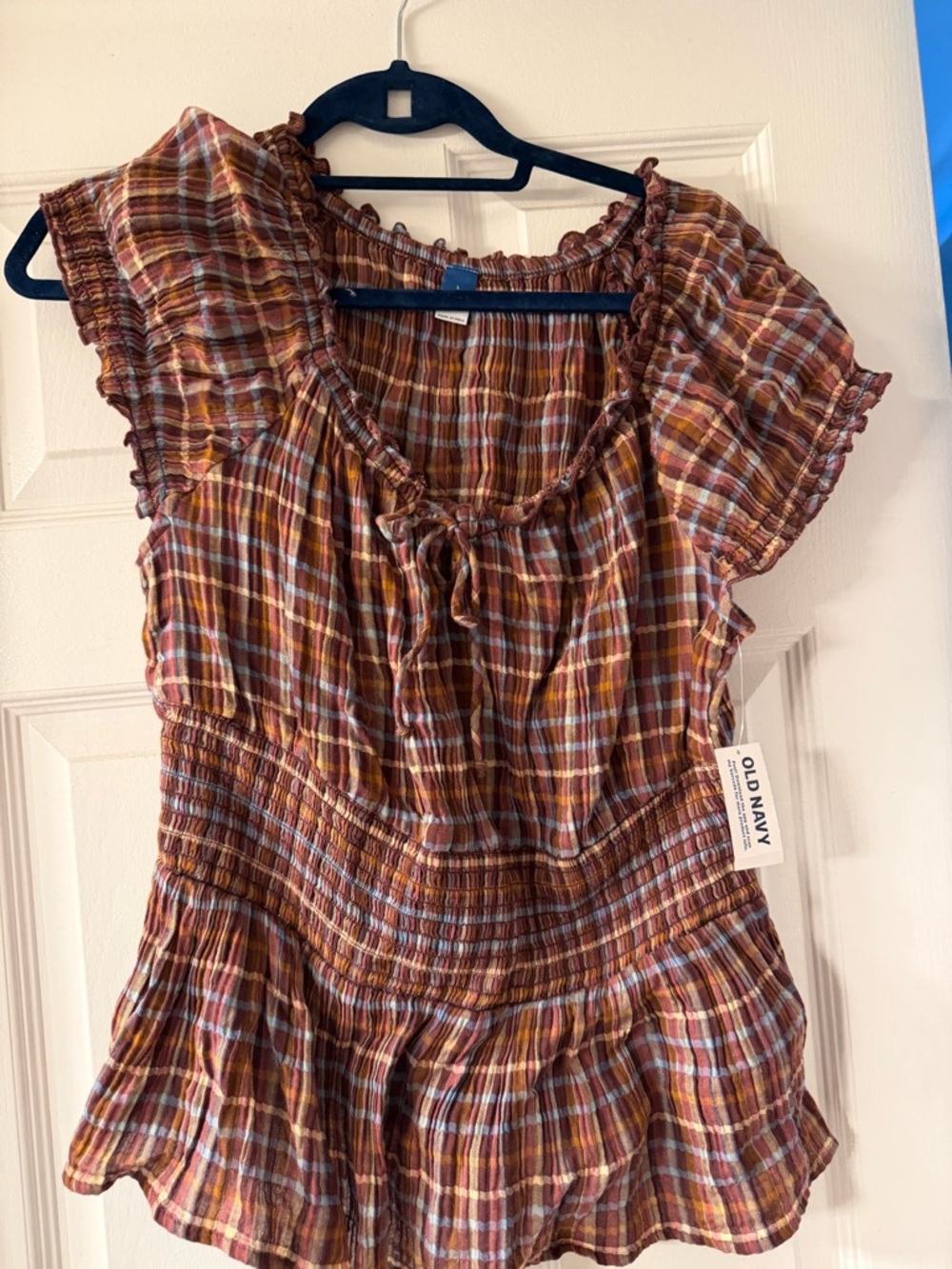 Old Navy Rust and Light Blue Plaid Smocked Top nwt